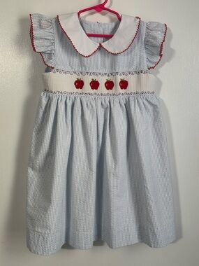 Light Blue Seersucker Smocked Dress with Red Apple Accents